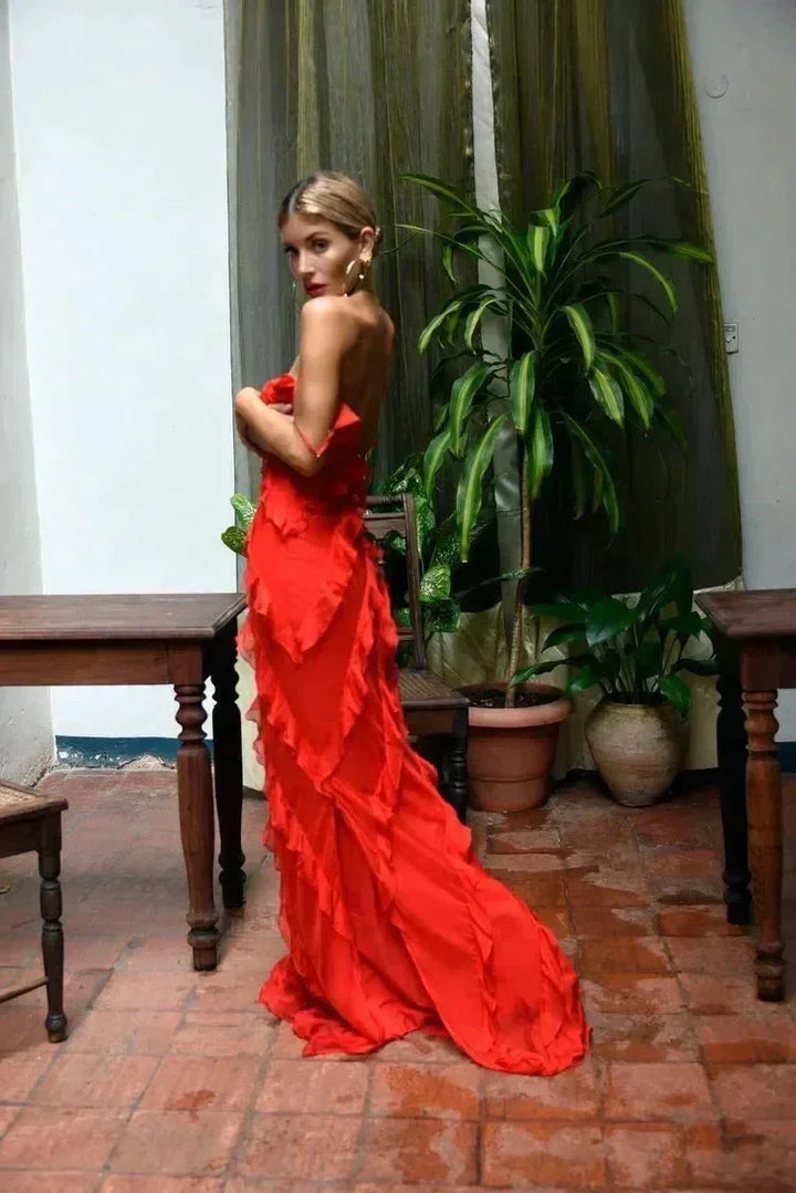 Maxi Ruffle Dress with Shoulder Straps for Women