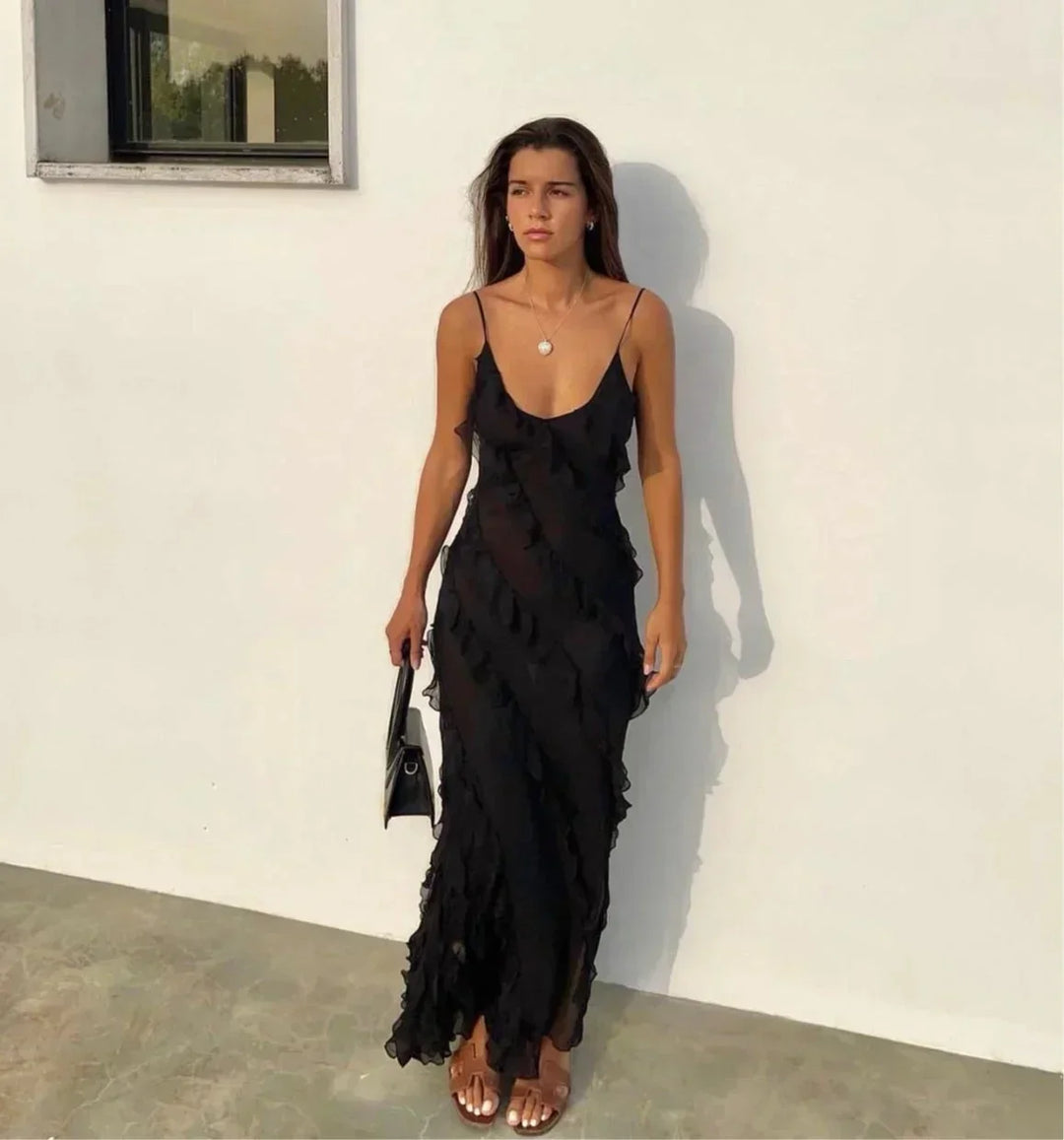 Maxi Ruffle Dress with Shoulder Straps for Women