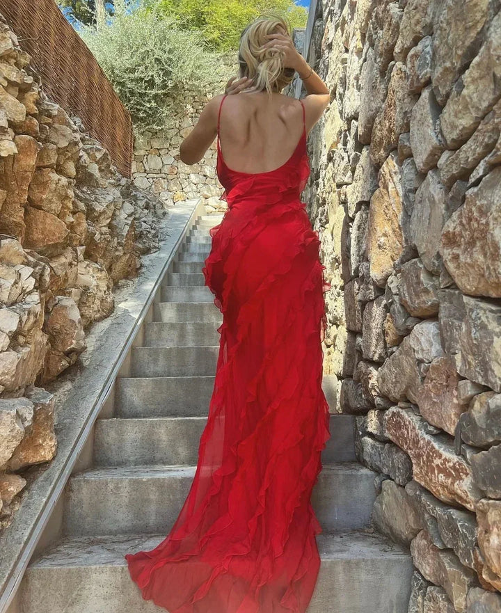 Maxi Ruffle Dress with Shoulder Straps for Women