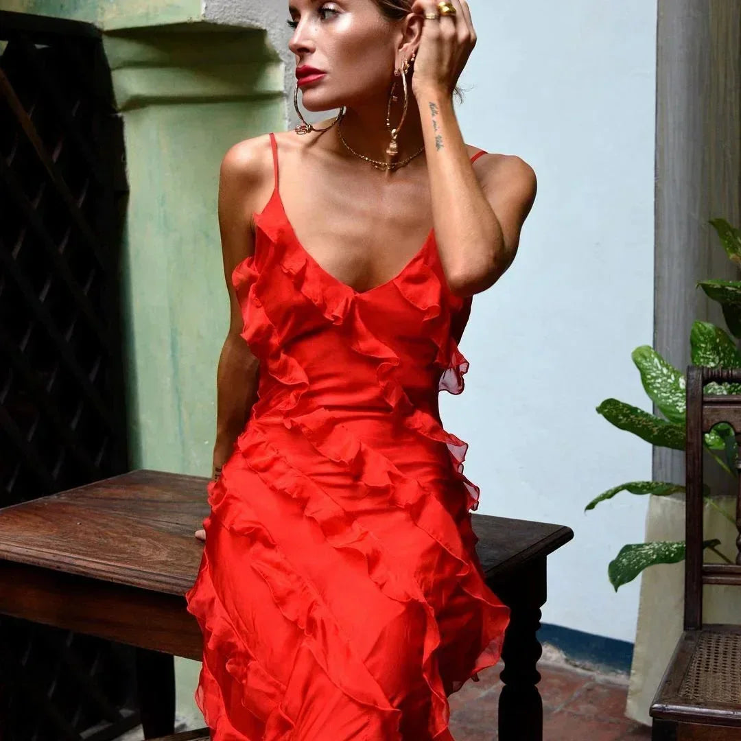 Maxi Ruffle Dress with Shoulder Straps for Women