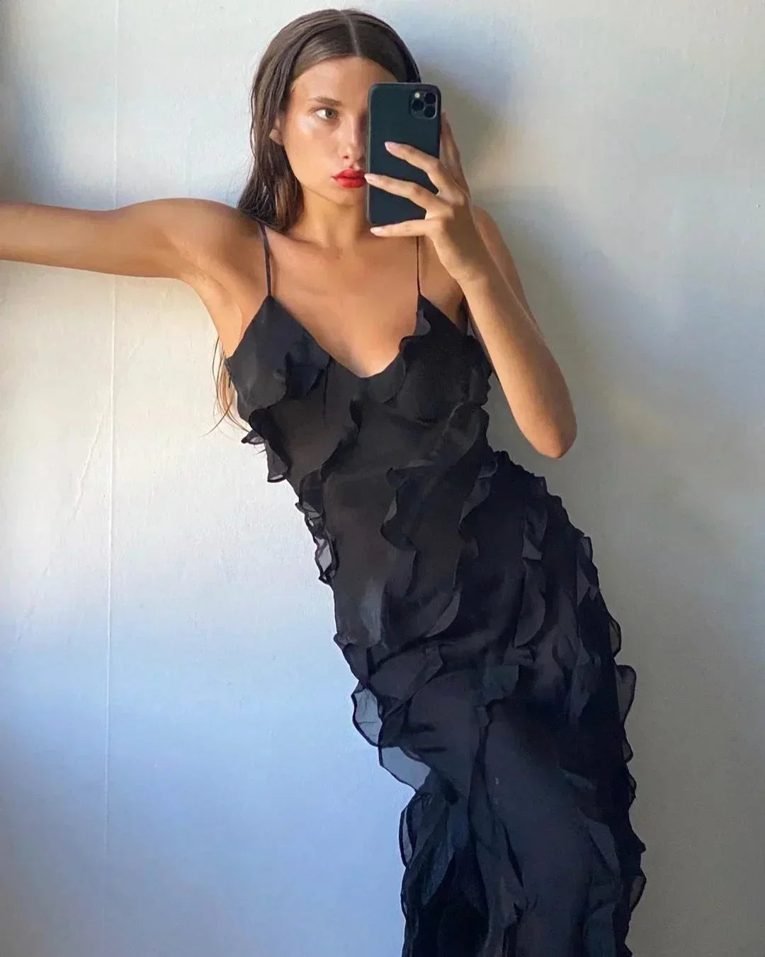 Maxi Ruffle Dress with Shoulder Straps for Women