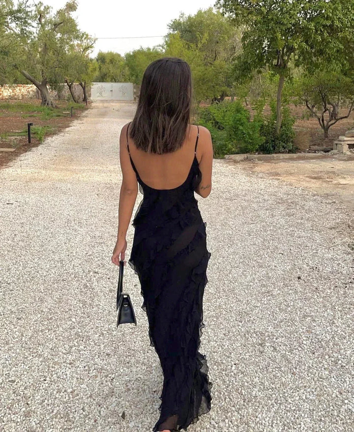 Maxi Ruffle Dress with Shoulder Straps for Women
