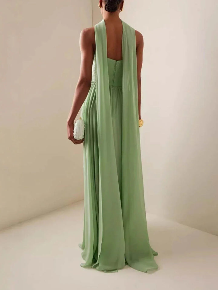 Womens Halter Neck Maxi Dress with Pleated Skirt