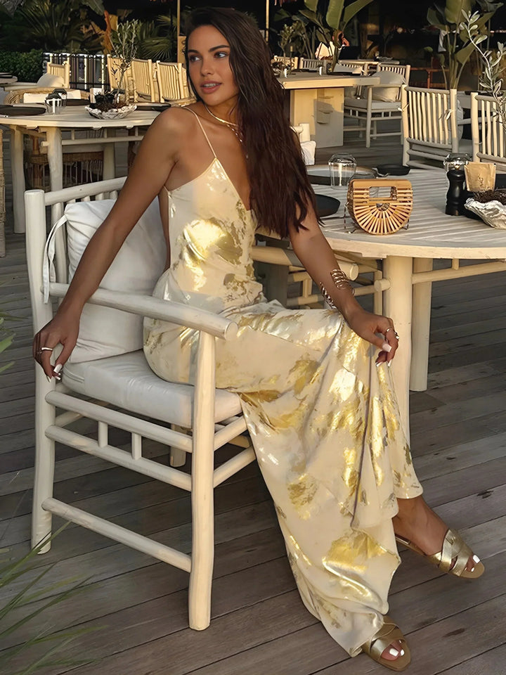Long Satin Dress with Floral Print and Thin Straps