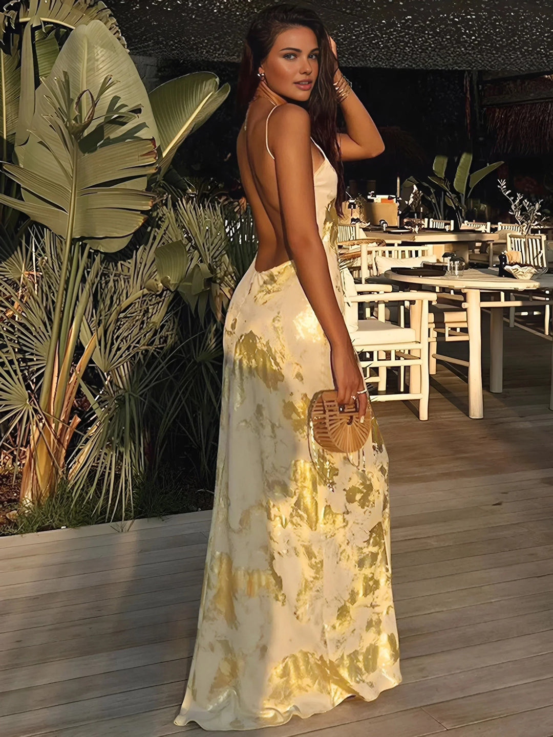Long Satin Dress with Floral Print and Thin Straps