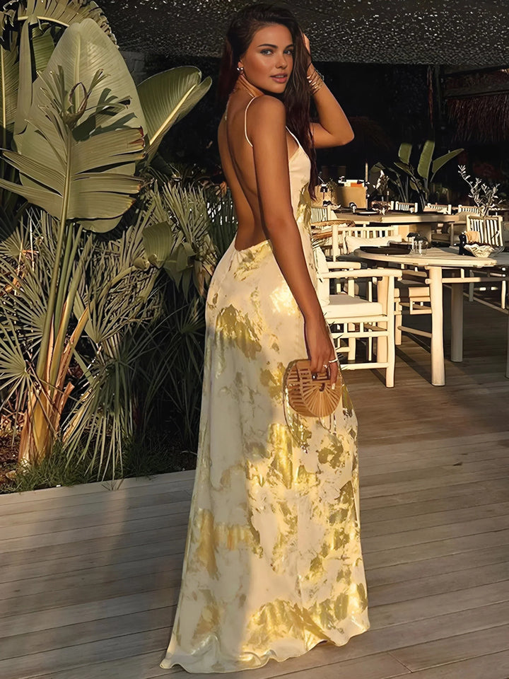 Long Satin Dress with Floral Print and Thin Straps
