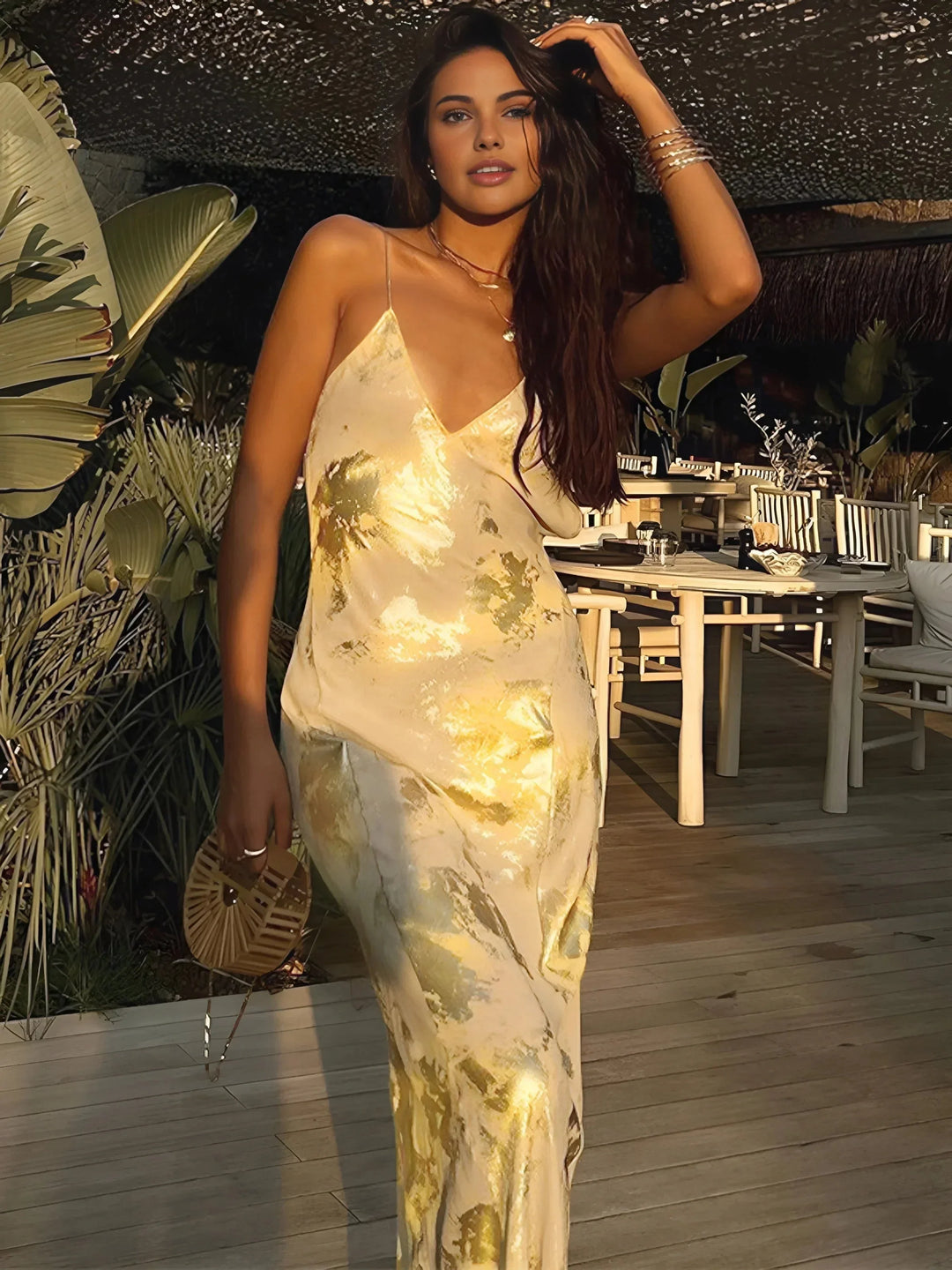 Long Satin Dress with Floral Print and Thin Straps