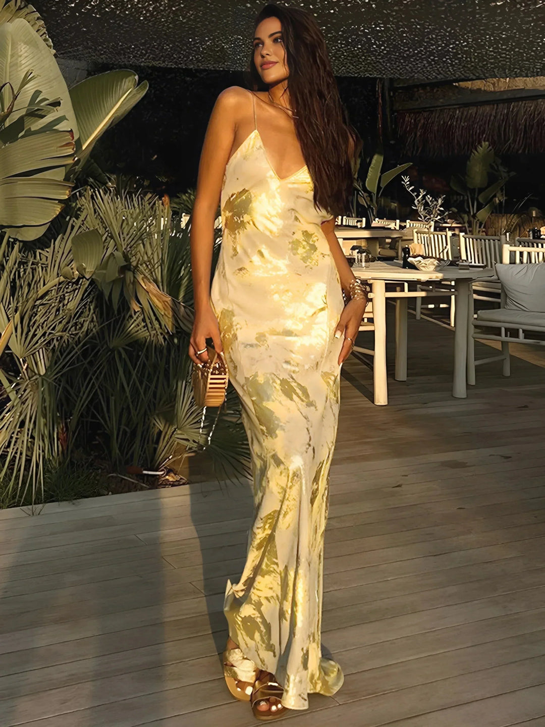Long Satin Dress with Floral Print and Thin Straps