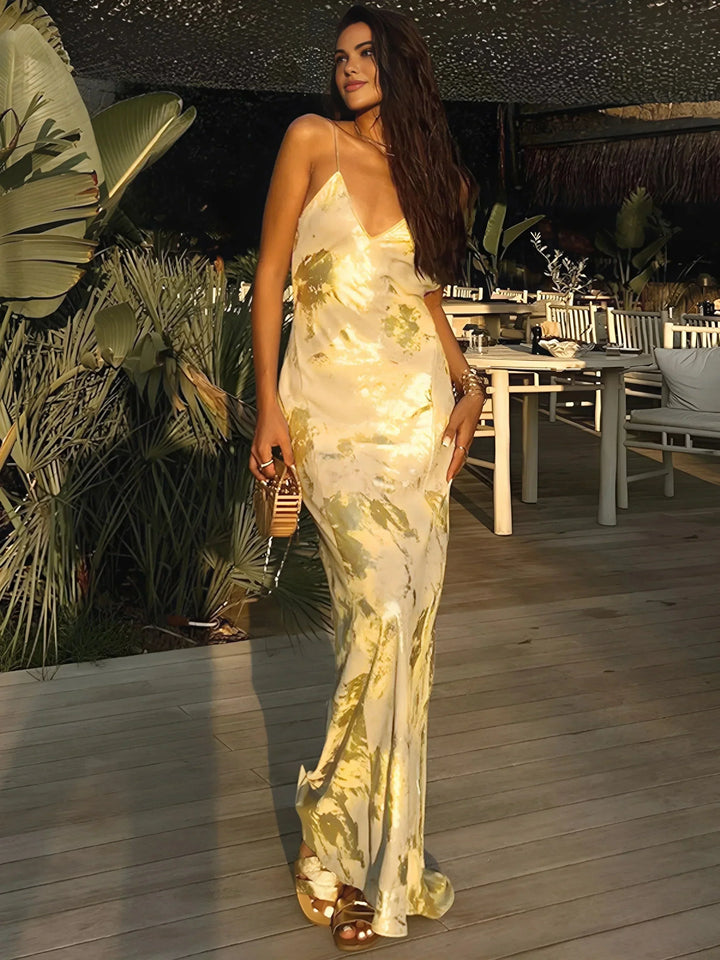 Long Satin Dress with Floral Print and Thin Straps