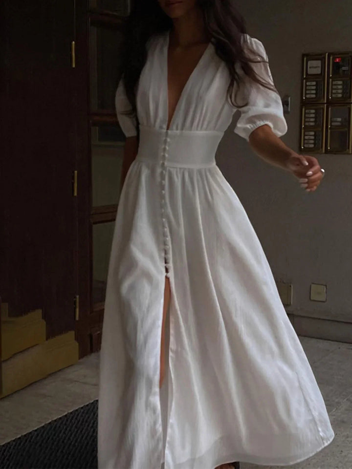 Long Dress Button Front Puff Sleeves for Women