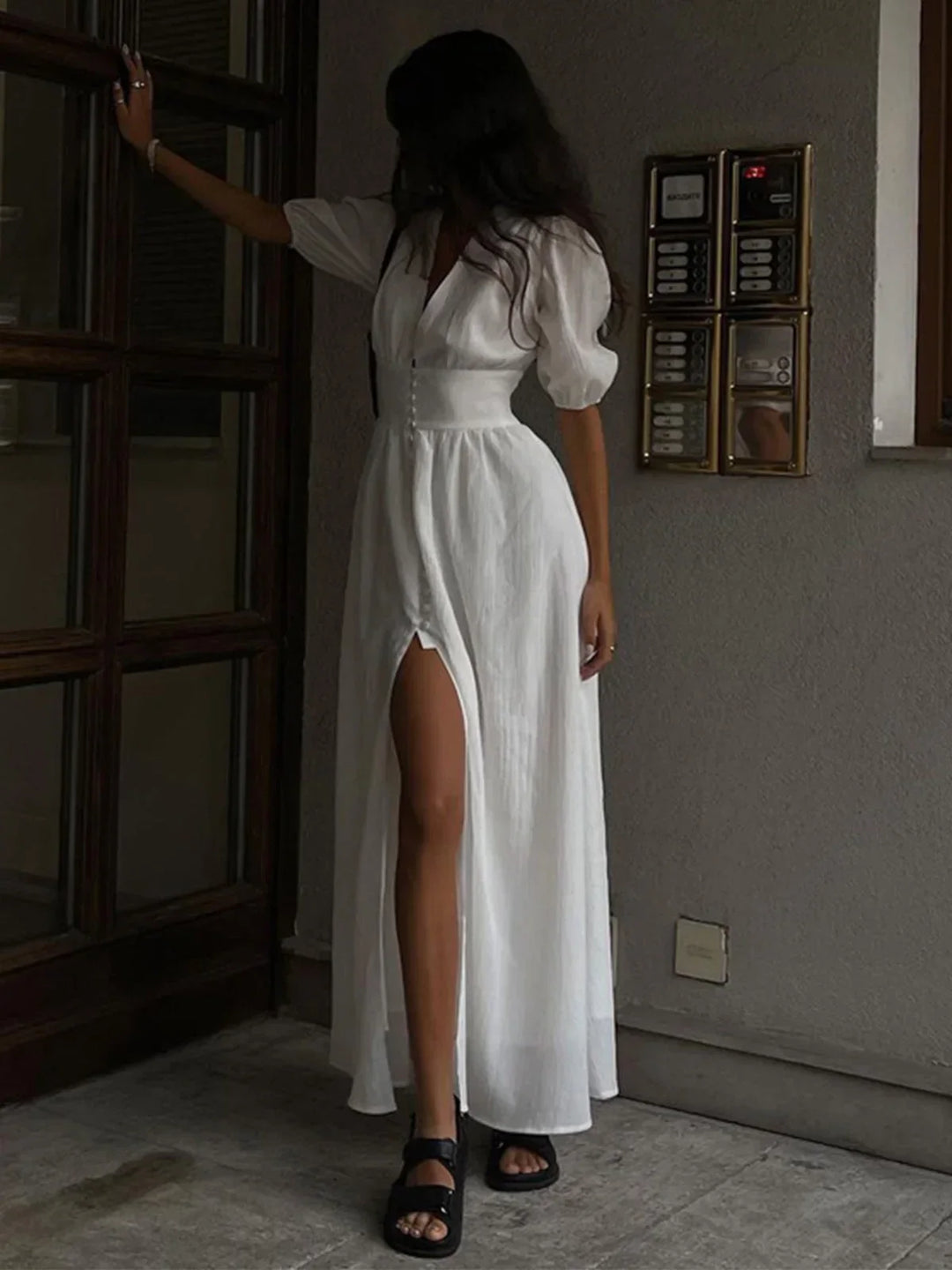 Long Dress Button Front Puff Sleeves for Women