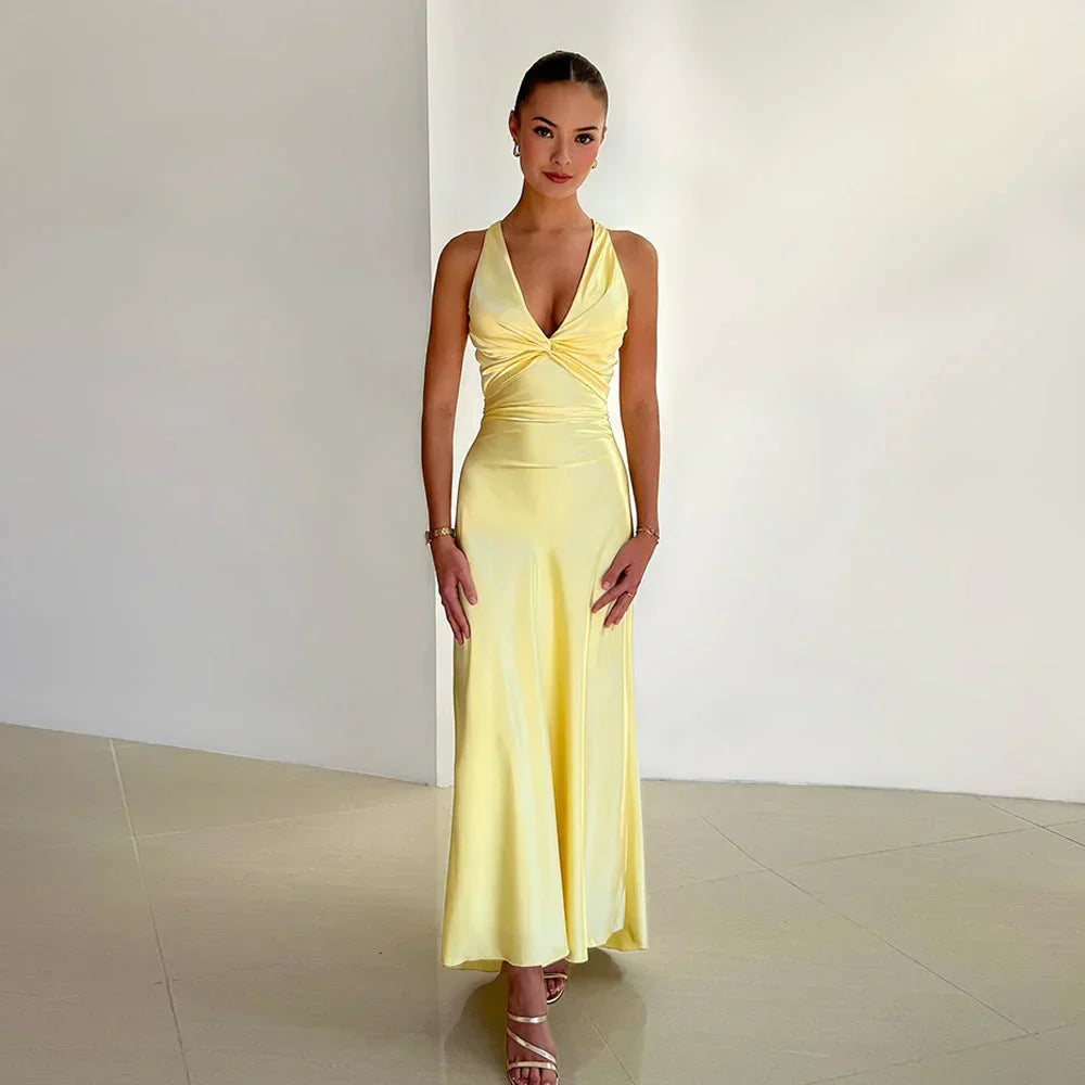 Maxi Dress Cross Halter Neck Open Back for Women