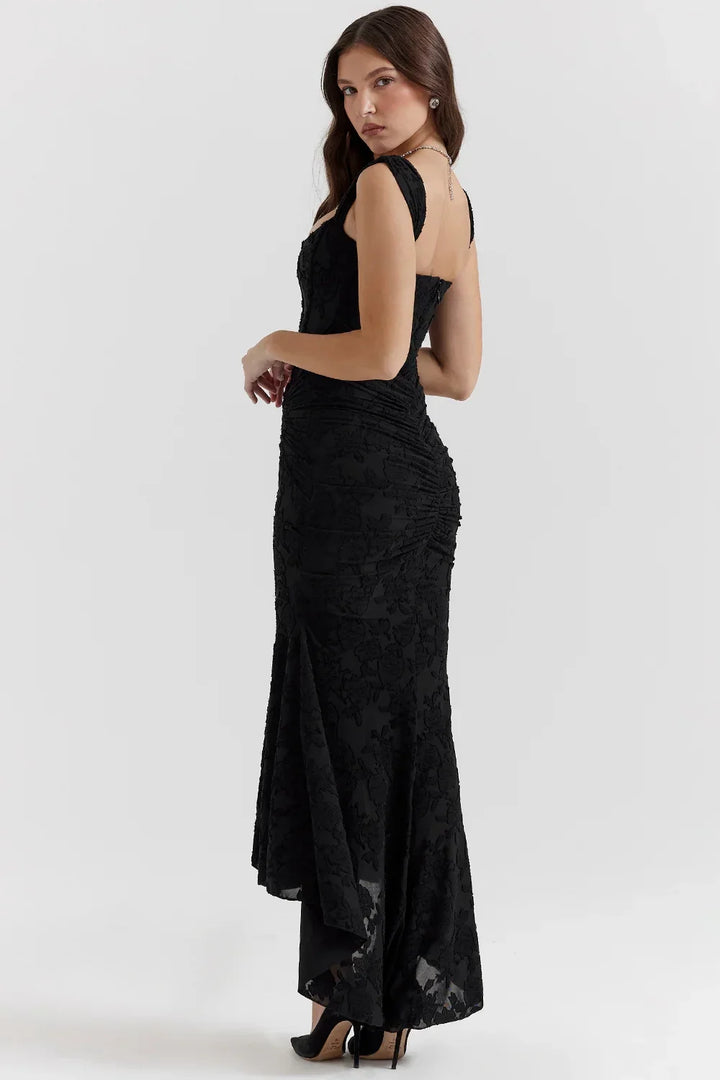 Womens Midi Dress with Floral Print Wide Straps and Mermaid Hem