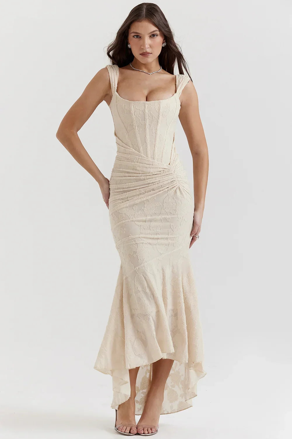 Womens Midi Dress with Floral Print Wide Straps and Mermaid Hem
