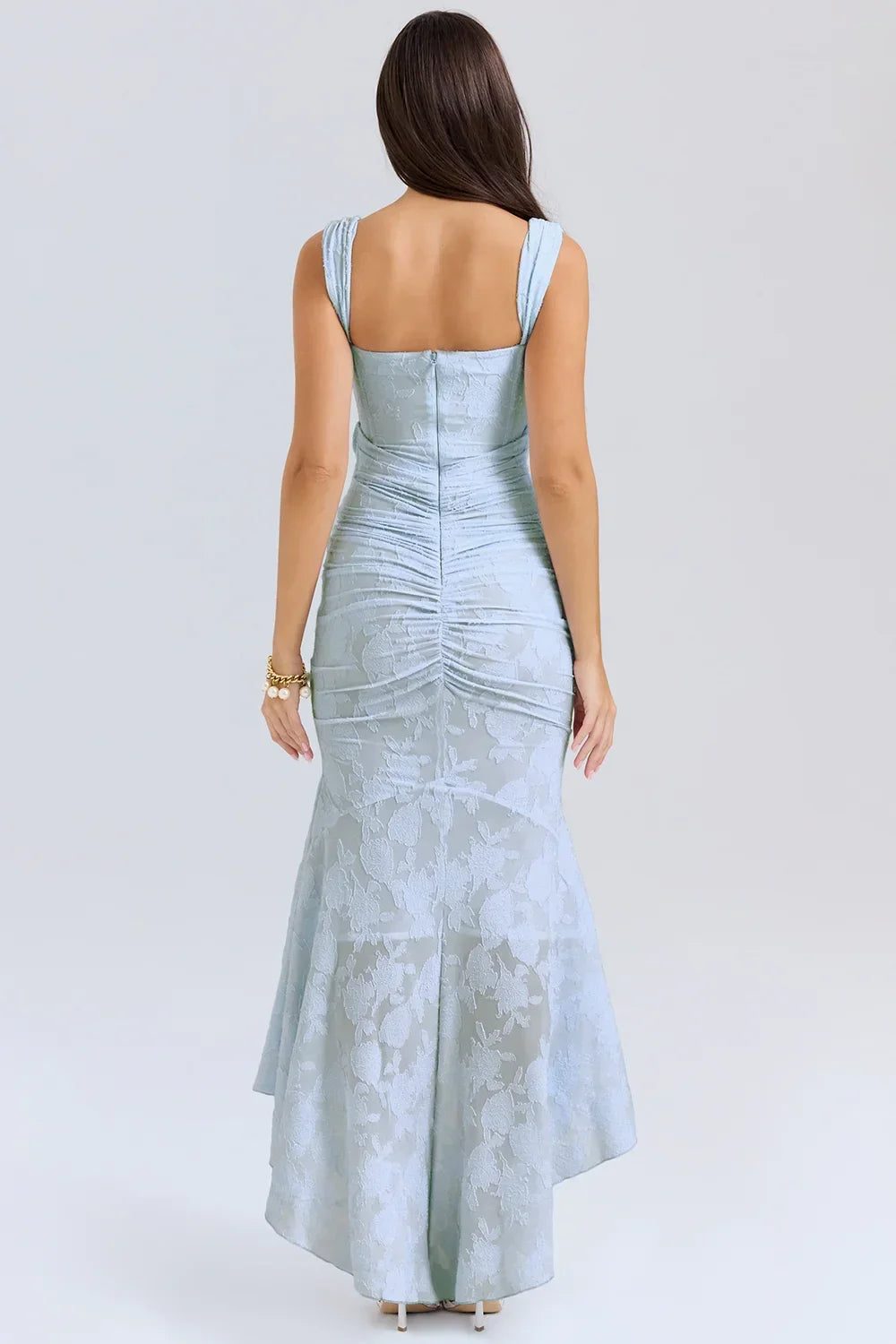 Womens Midi Dress with Floral Print Wide Straps and Mermaid Hem