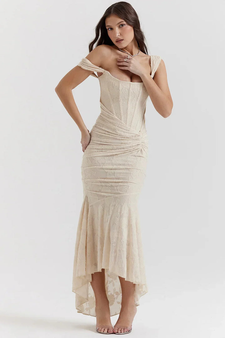Womens Midi Dress with Floral Print Wide Straps and Mermaid Hem