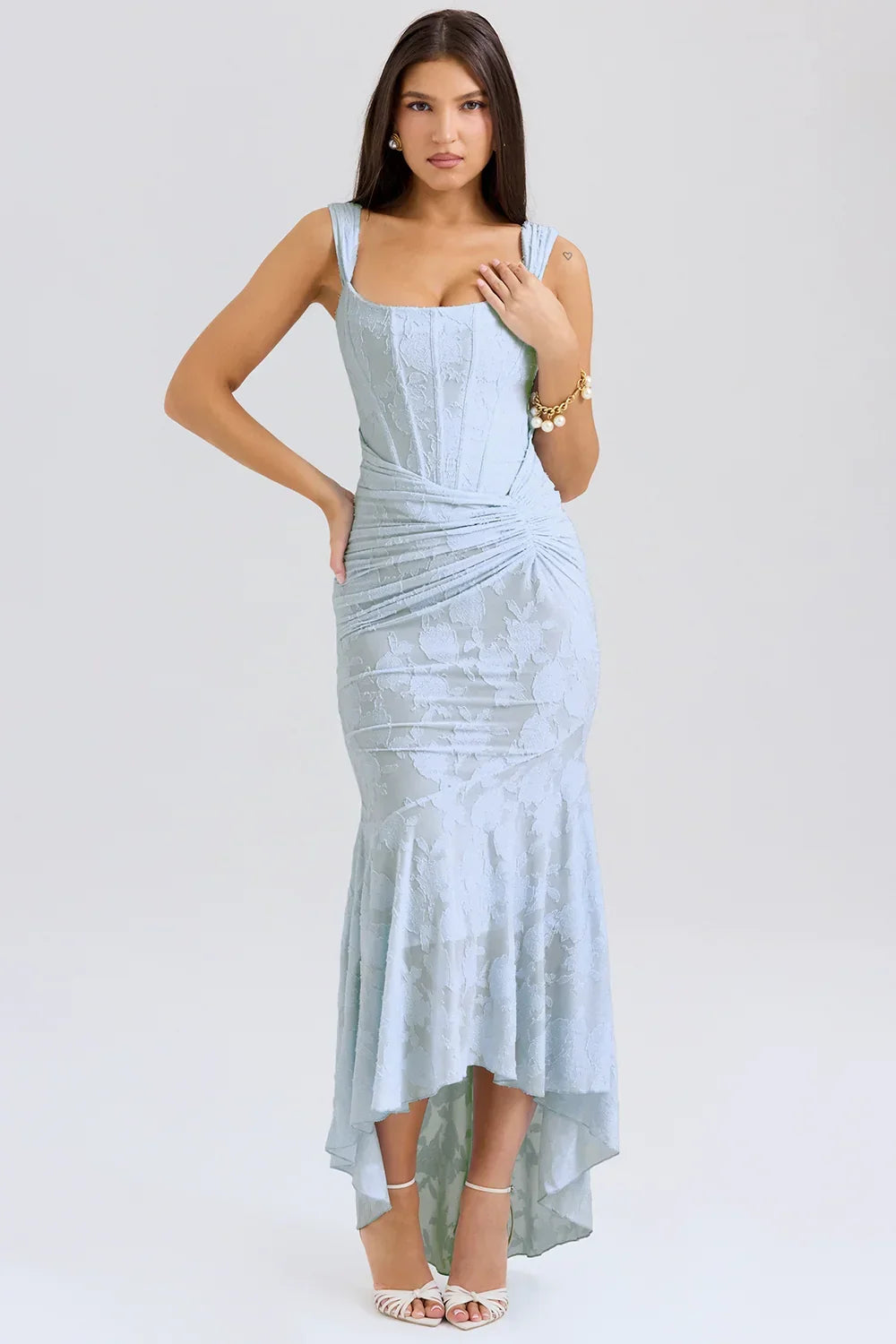 Womens Midi Dress with Floral Print Wide Straps and Mermaid Hem