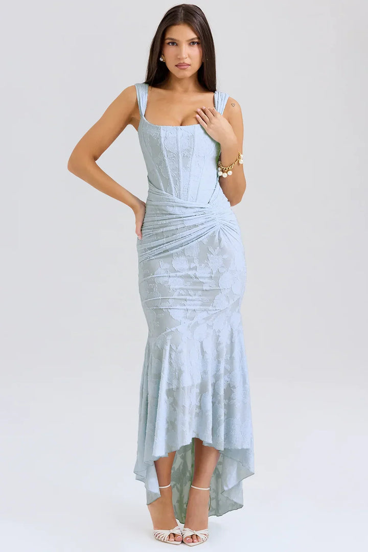 Womens Midi Dress with Floral Print Wide Straps and Mermaid Hem
