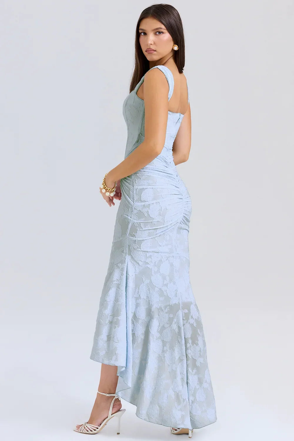 Womens Midi Dress with Floral Print Wide Straps and Mermaid Hem