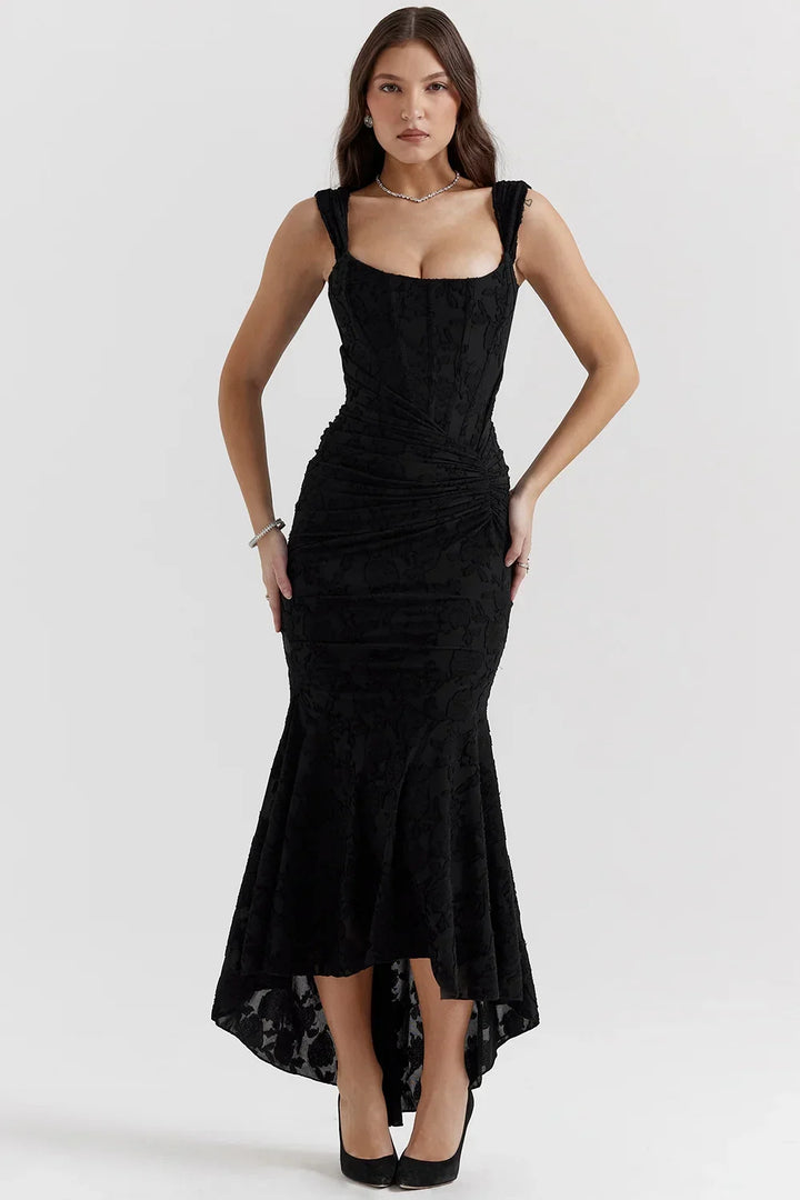 Womens Midi Dress with Floral Print Wide Straps and Mermaid Hem