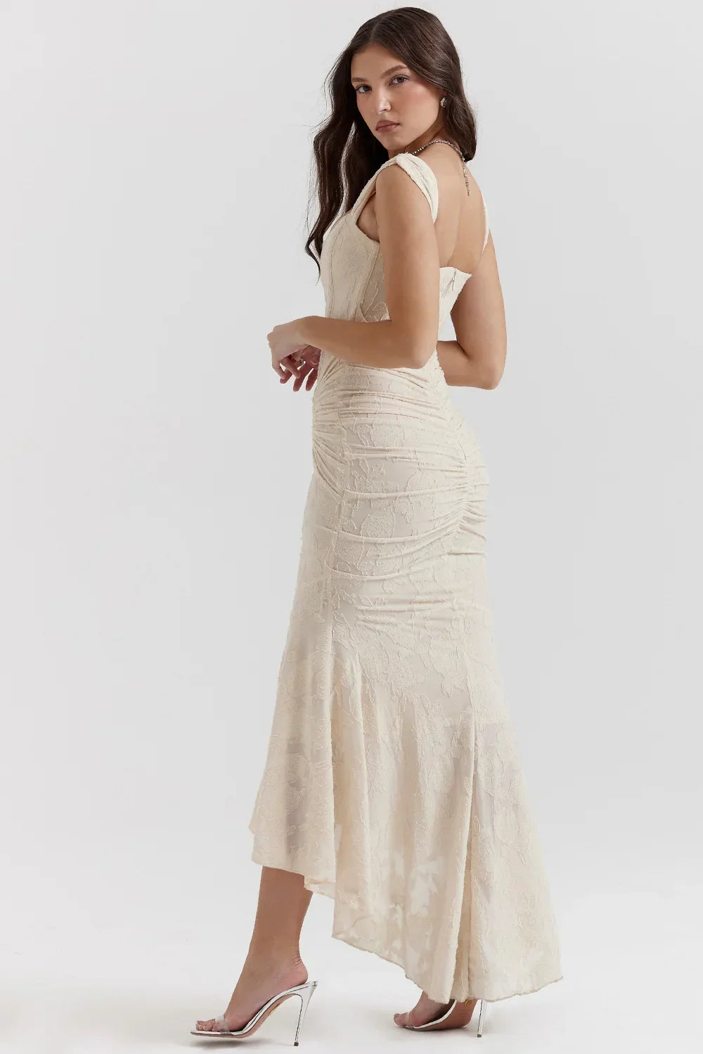 Womens Midi Dress with Floral Print Wide Straps and Mermaid Hem
