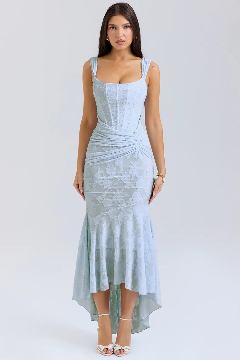 Womens Midi Dress with Floral Print Wide Straps and Mermaid Hem