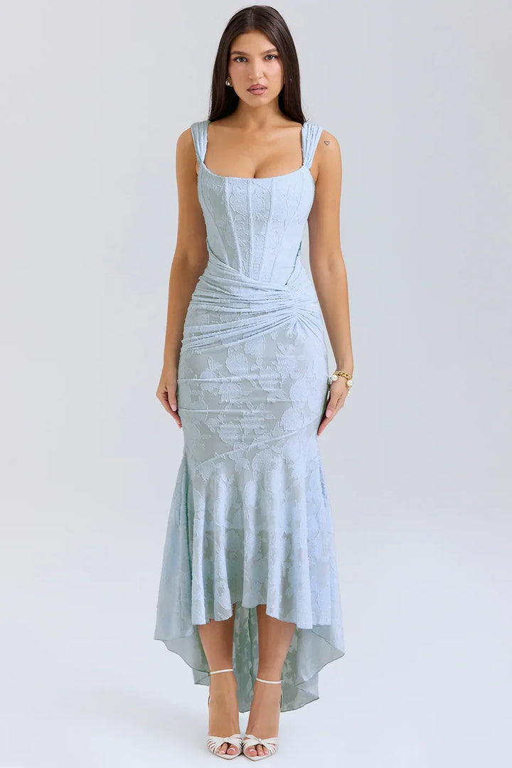 Womens Midi Dress with Floral Print Wide Straps and Mermaid Hem