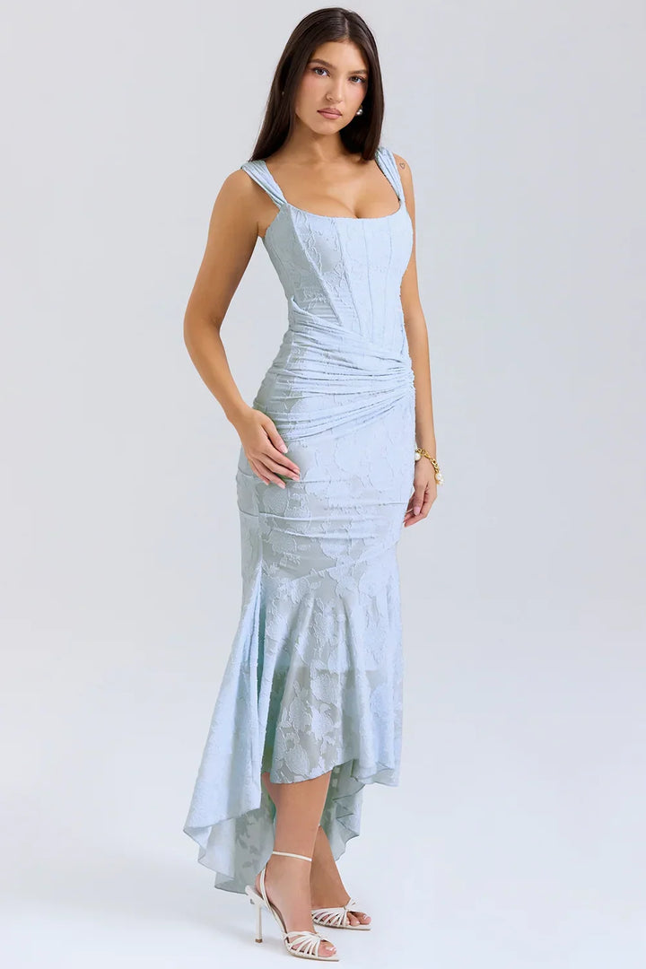 Womens Midi Dress with Floral Print Wide Straps and Mermaid Hem