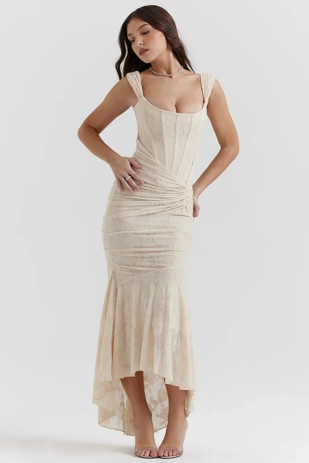 Womens Midi Dress with Floral Print Wide Straps and Mermaid Hem