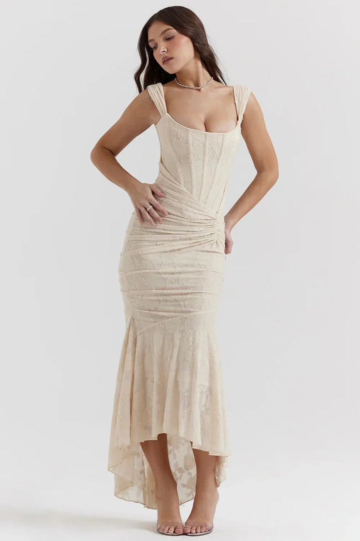 Womens Midi Dress with Floral Print Wide Straps and Mermaid Hem