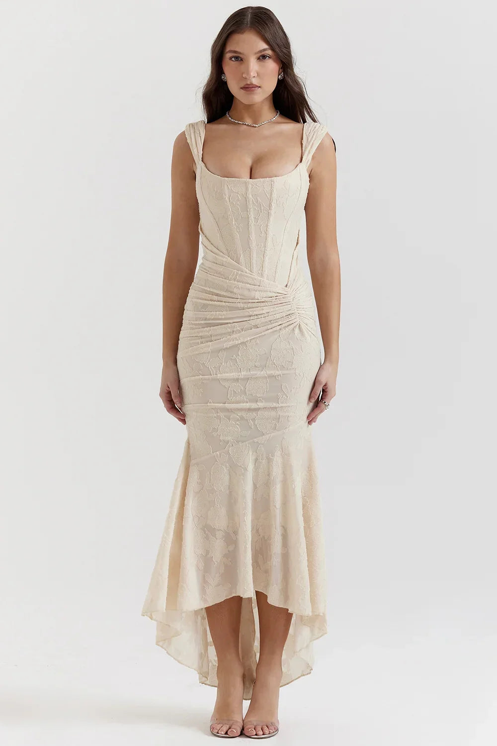 Womens Midi Dress with Floral Print Wide Straps and Mermaid Hem