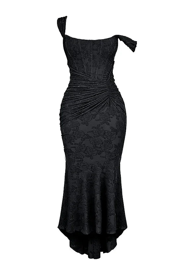 Womens Midi Dress with Floral Print Wide Straps and Mermaid Hem