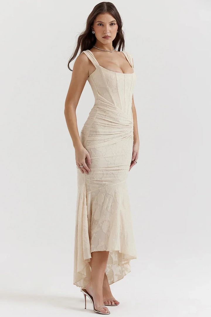 Womens Midi Dress with Floral Print Wide Straps and Mermaid Hem