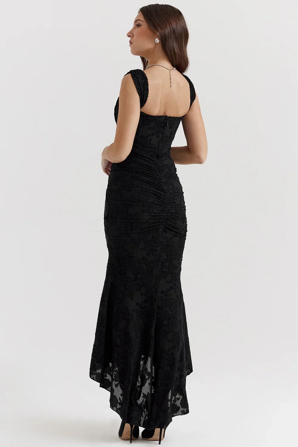 Womens Midi Dress with Floral Print Wide Straps and Mermaid Hem