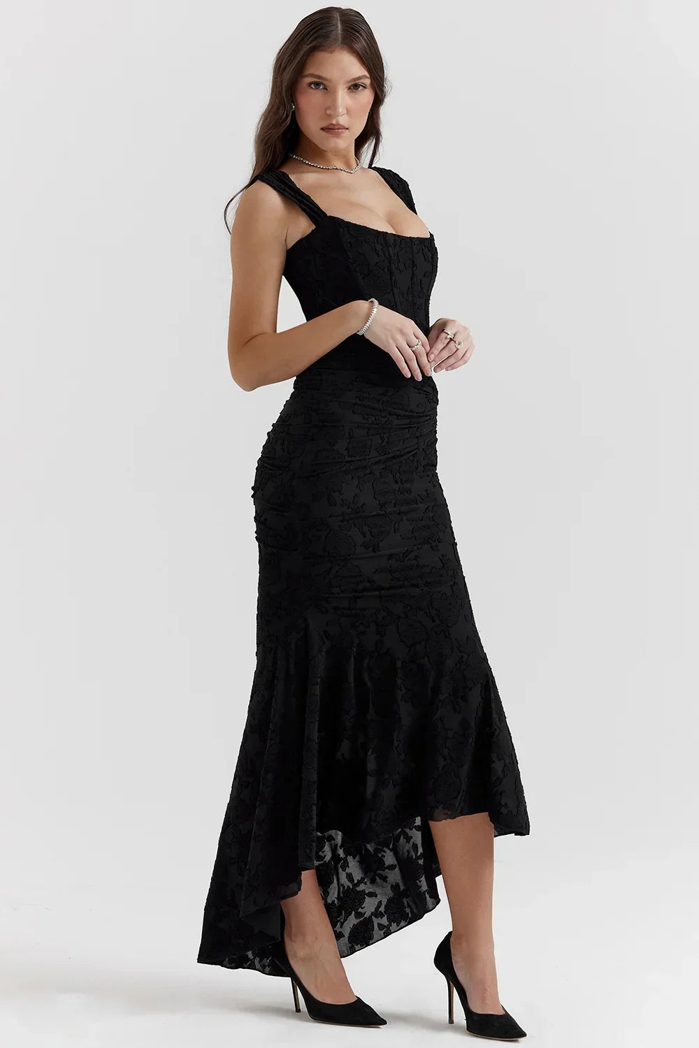 Womens Midi Dress with Floral Print Wide Straps and Mermaid Hem