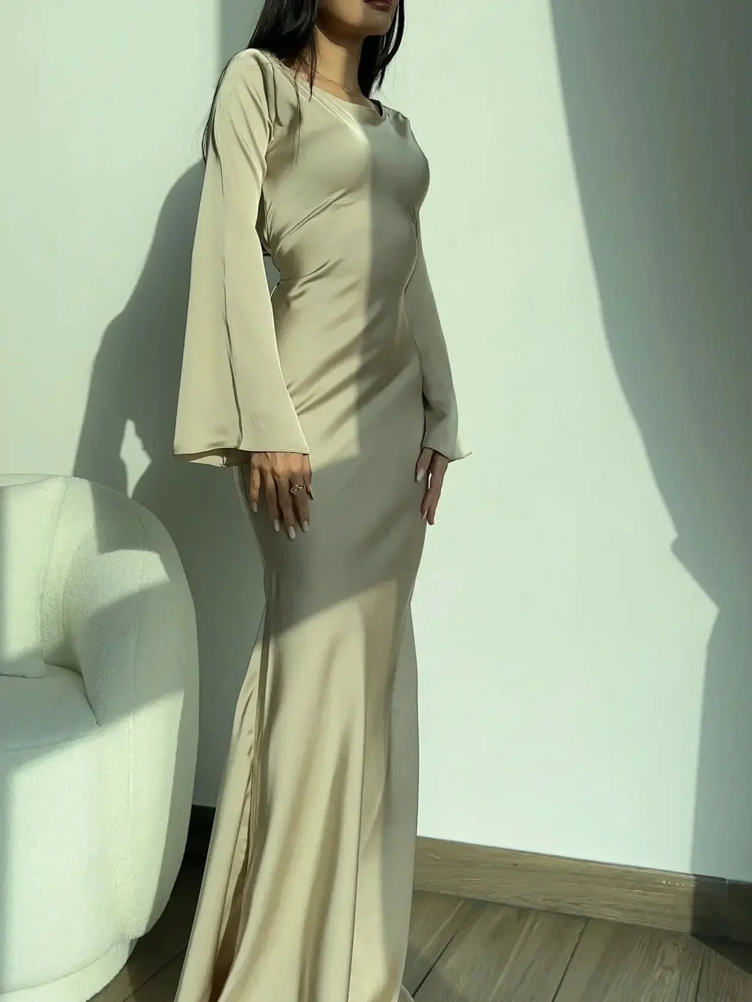 Womens Maxi Dress with Long Sleeves and Draped Waist