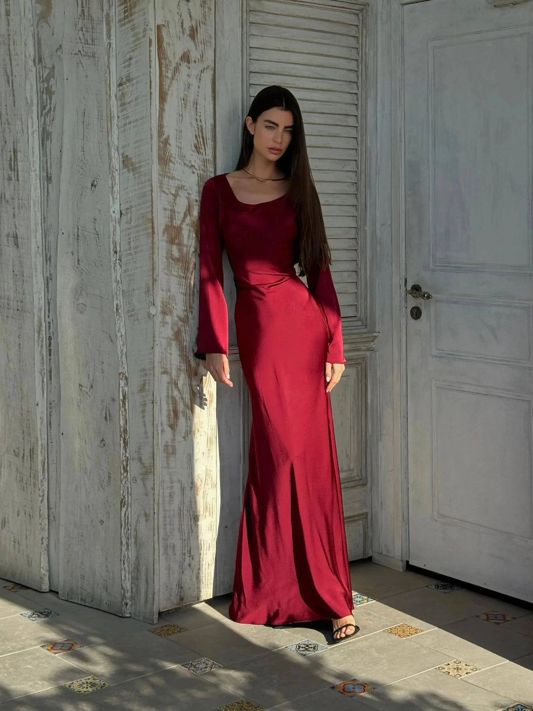 Womens Maxi Dress with Long Sleeves and Draped Waist