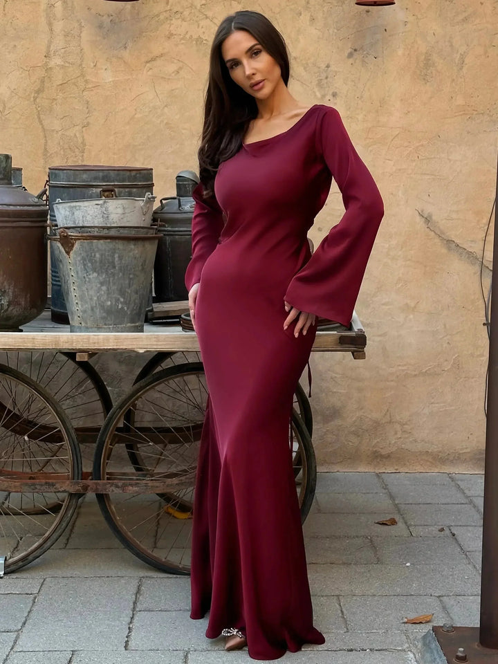 Womens Maxi Dress with Long Sleeves and Draped Waist