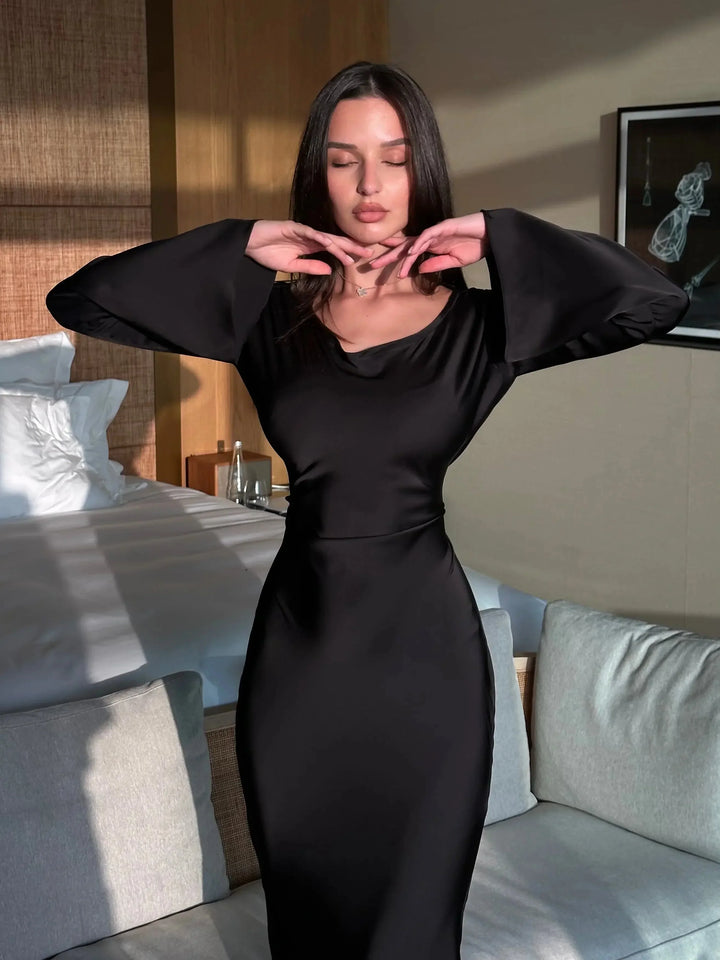 Womens Maxi Dress with Long Sleeves and Draped Waist