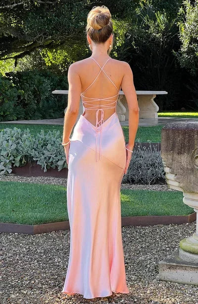 Satin Maxi Dress V Neck Open Back for Women