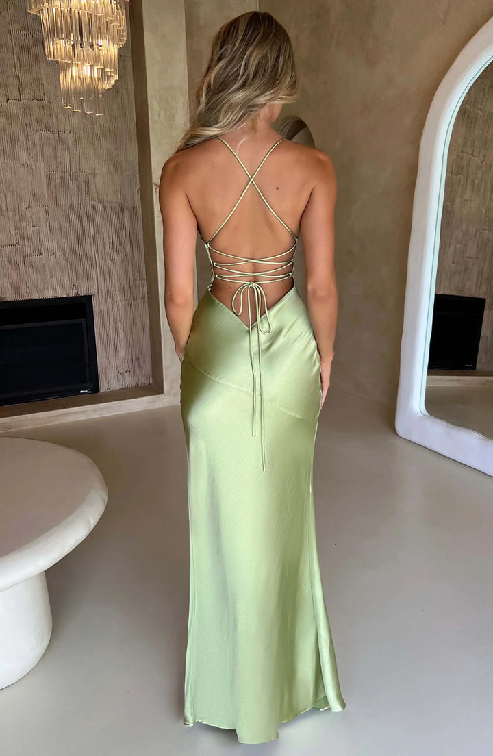 Satin Maxi Dress V Neck Open Back for Women