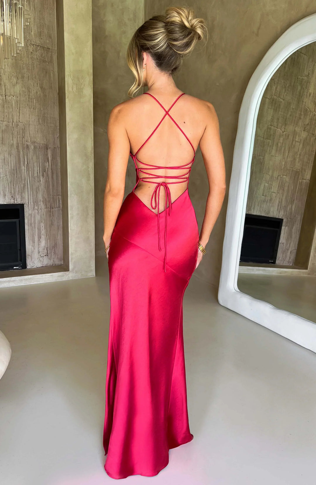 Satin Maxi Dress V Neck Open Back for Women