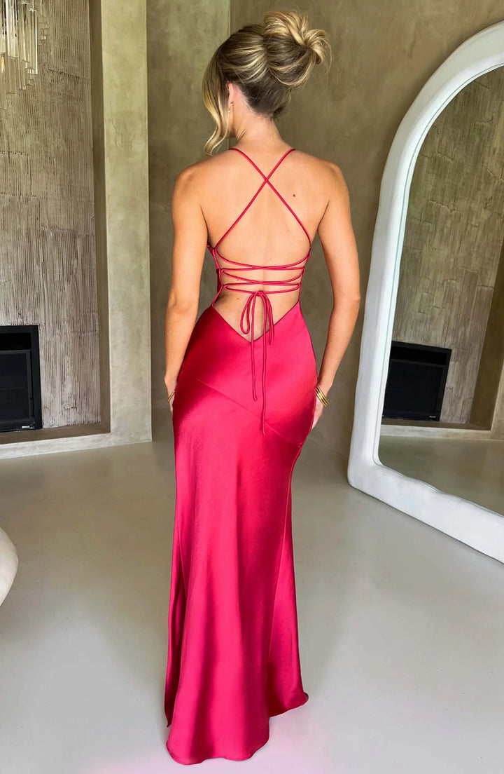 Satin Maxi Dress V Neck Open Back for Women