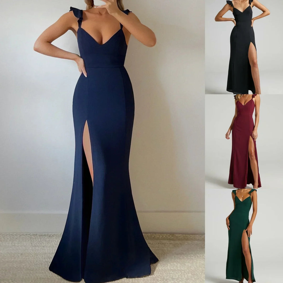 Long Evening Dress for Women with Knotted Shoulder and Side Slit