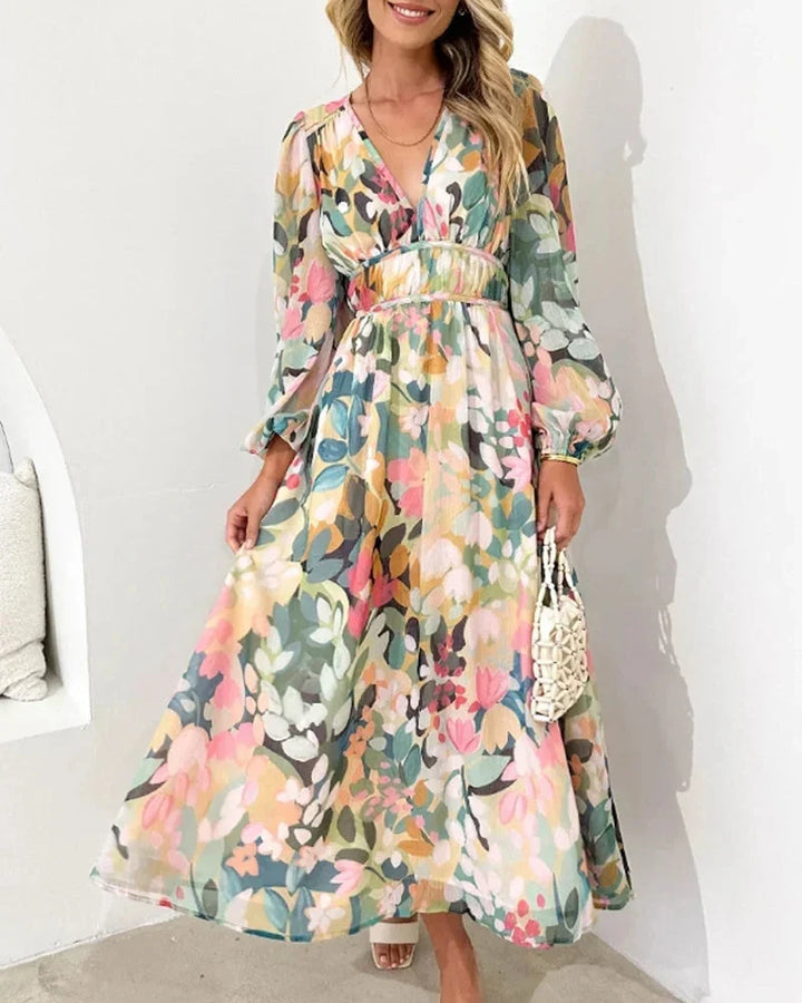 Long Floral Dress with V Neck and Long Sleeves
