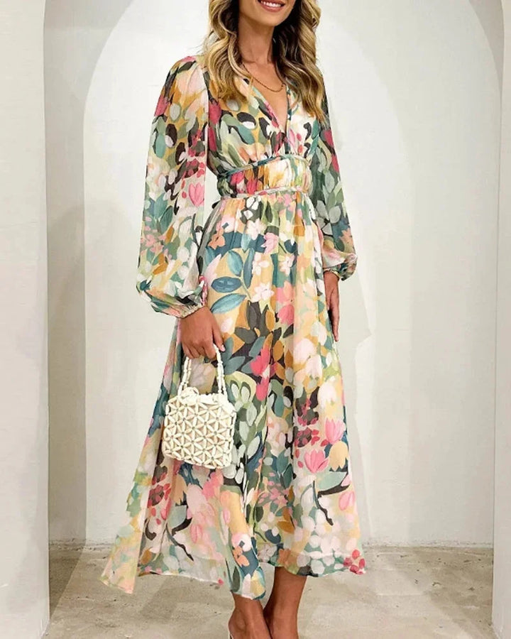 Long Floral Dress with V Neck and Long Sleeves
