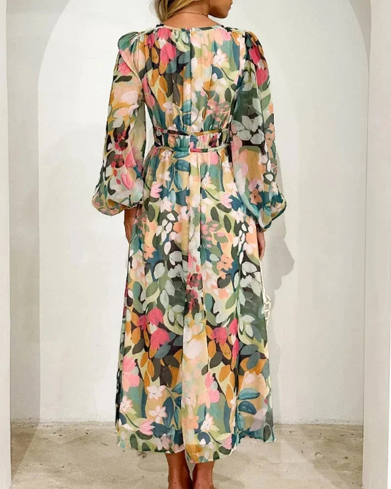 Long Floral Dress with V Neck and Long Sleeves