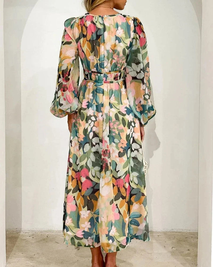 Long Floral Dress with V Neck and Long Sleeves