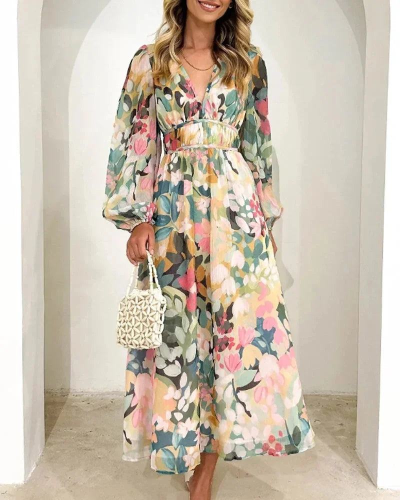 Long Floral Dress with V Neck and Long Sleeves