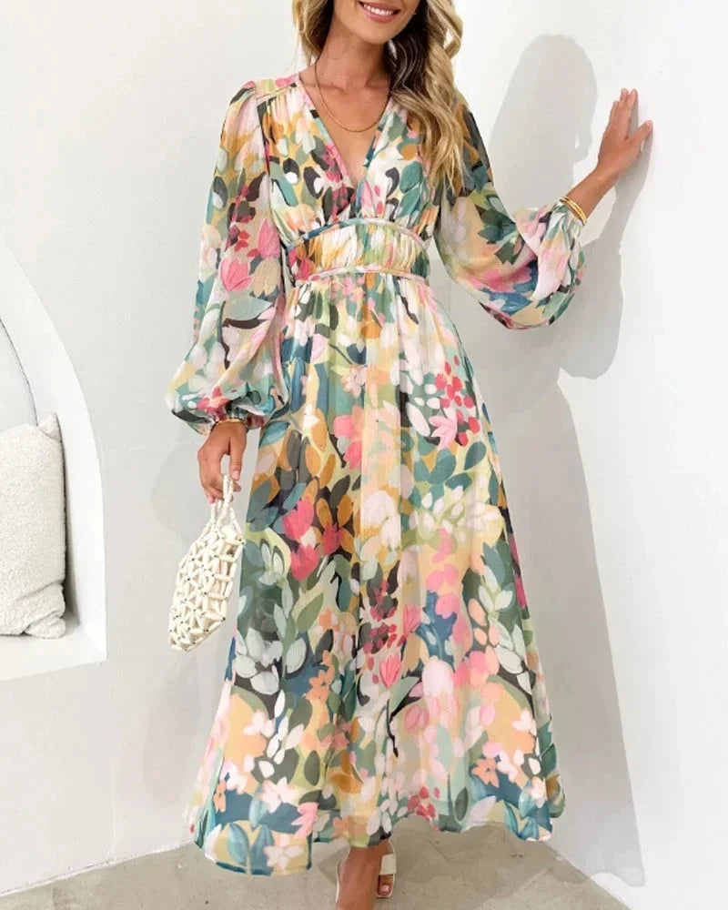 Long Floral Dress with V Neck and Long Sleeves